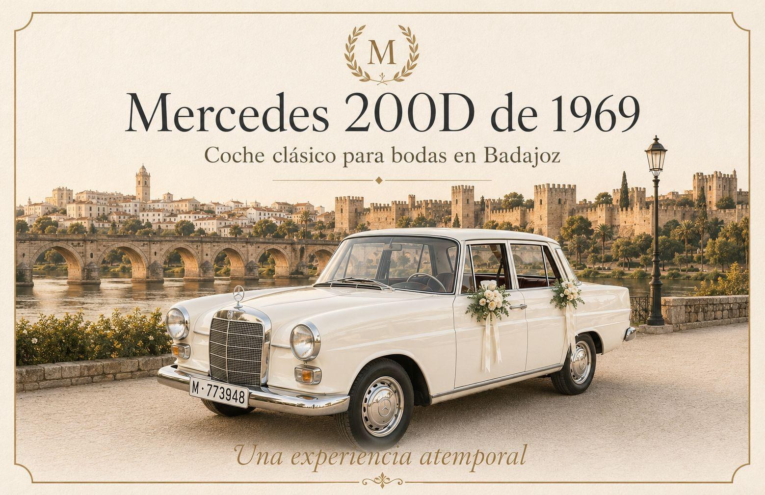 Mercedes 200D de 1969 - coche clásico para bodas en Badajoz Mercedes 200D de 1969 blanco, coche clásico para bodas en Badajoz, junto al Puente de Palmas